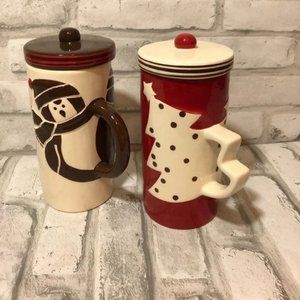 Pair of holiday winter coffee mugs with lids MSRF,Inc vintage set of 2